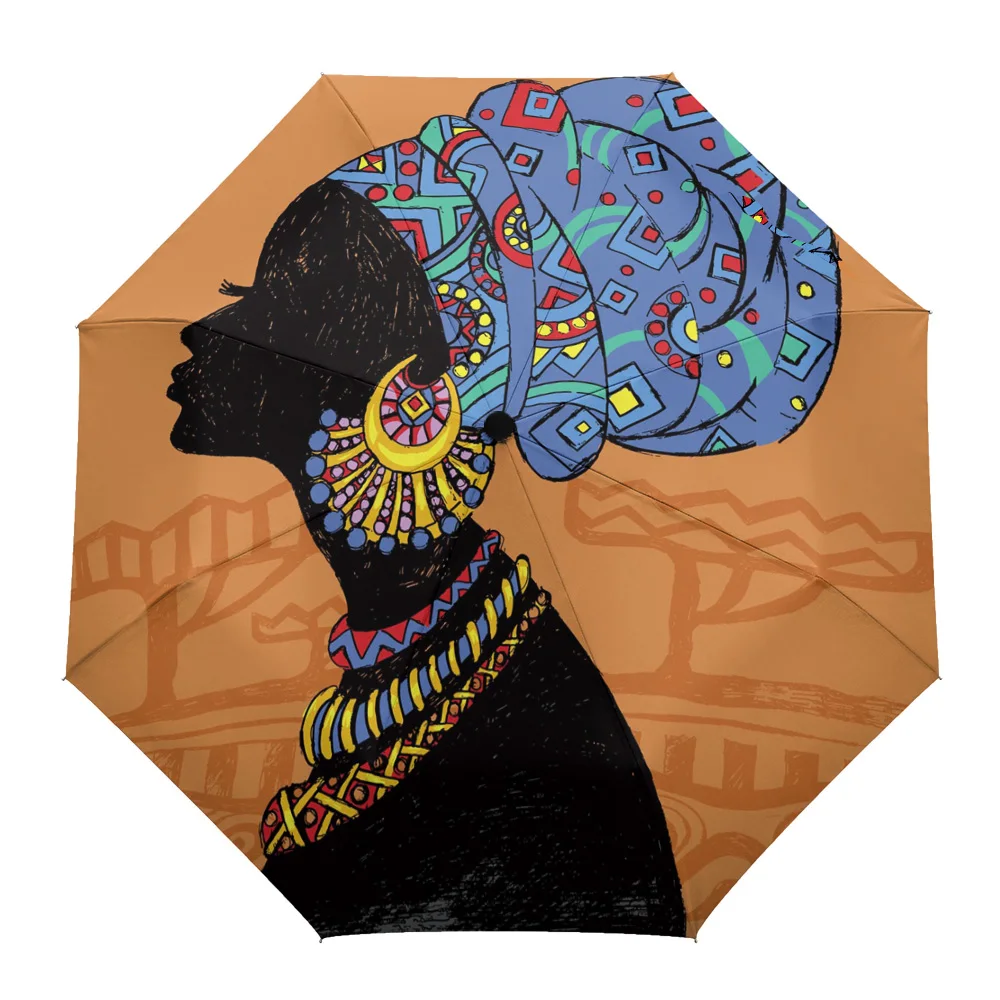 

African Woman Geometric Figures Creative Umbrella Rain Women Automatic Three Folding Umbrellas Windproof Parasol Parapluie