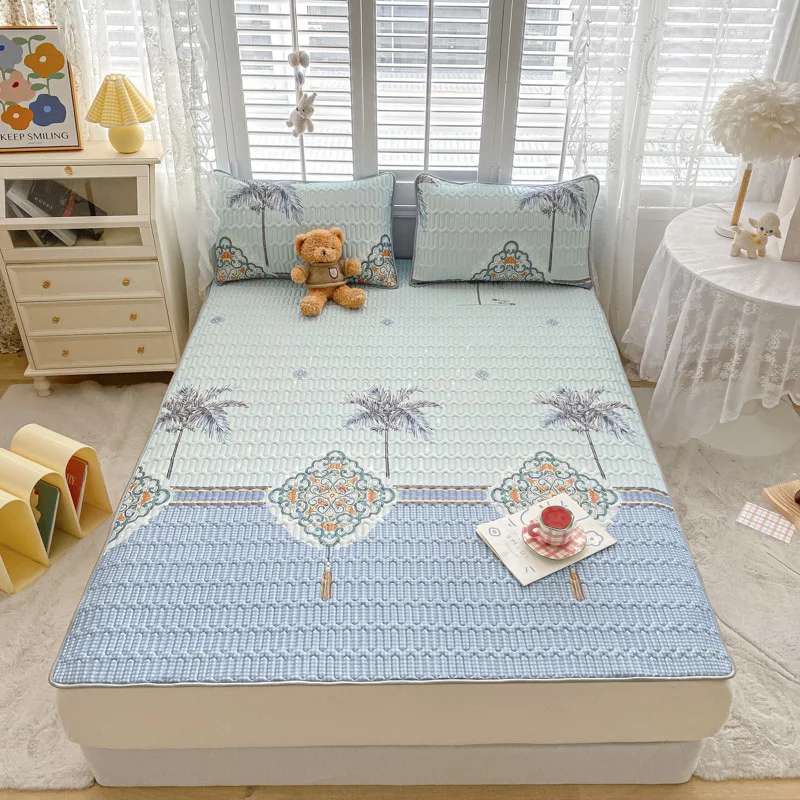 

2/3pcs Cartoon Printed Summer Bed Mat Super Soft Latex Filling Bed Sheet Set Included Pillowcase Ice Silk Cool Mattress Cover