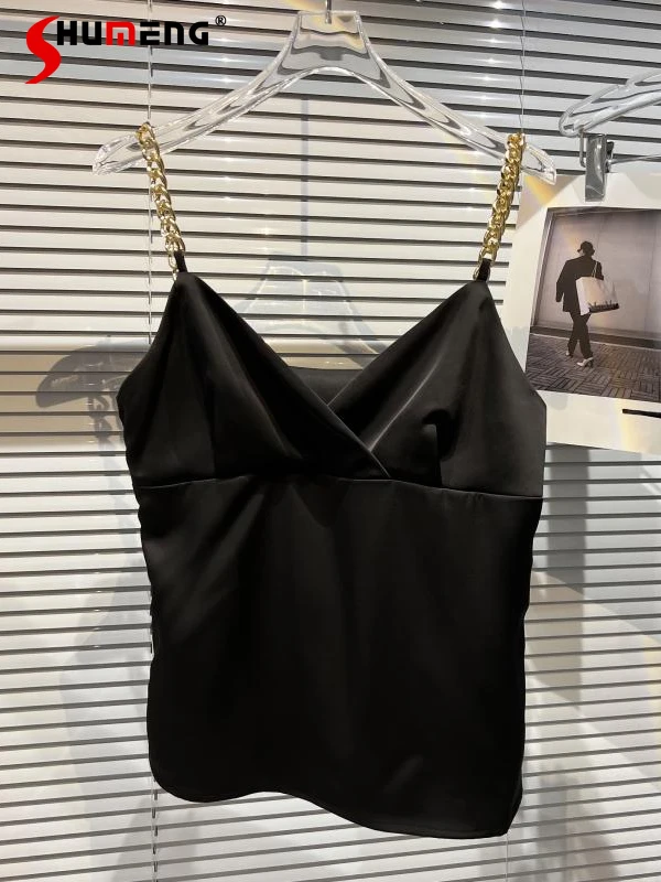 

Black Outer Wear Crop Tops 2022 Summer Metal Chain Shoulder Strap Elegant Bottoming Vest Socialite Mercerized Cotton Camisole