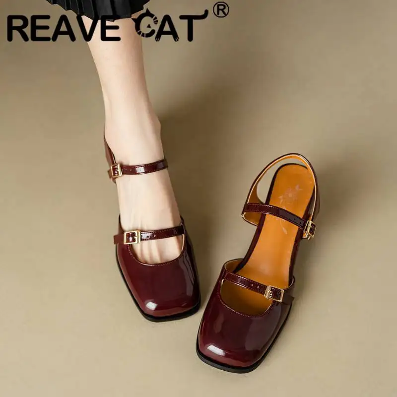 

REAVE CAT Design Female Sandals Square Toe Block Heels 6cm Double Buckle Strap Solid Elegant Dating Women Shoes Plus Size 45 46