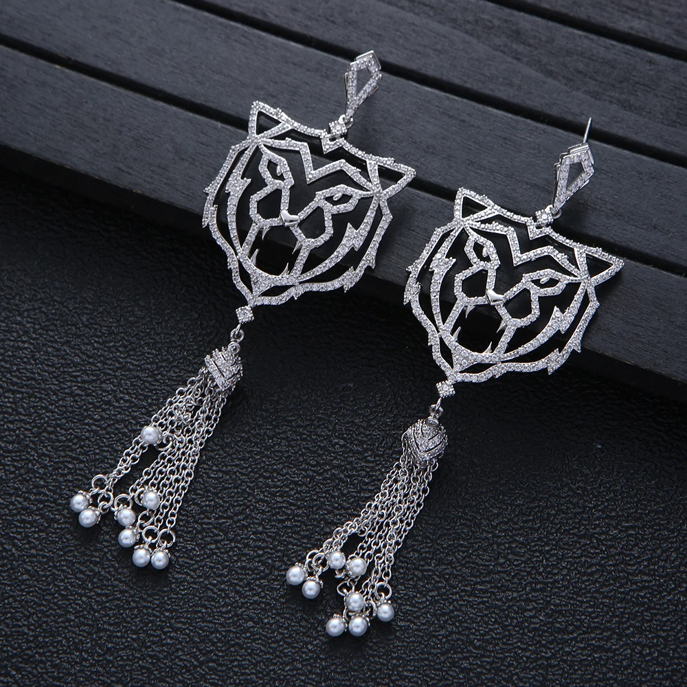 

Luxury Tiger Earrings Trendy Cubic Zircon Wedding Engagement Party Dubai Long Tassels Earrings For Women Jewel E10309