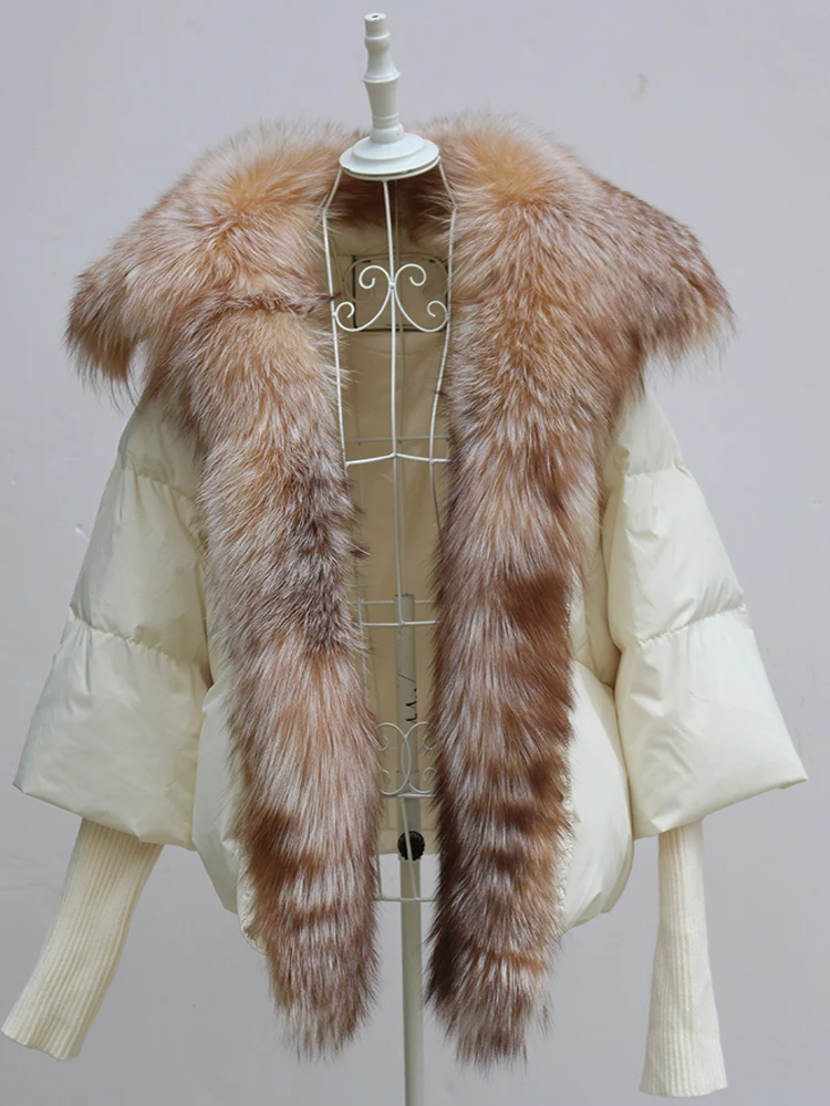 2023 Natural Real Fox Fur Collar White Goose Down Jacket Winter Women Warm Loose Coat Duck Down Thick Luxury Outerwear New Fashi