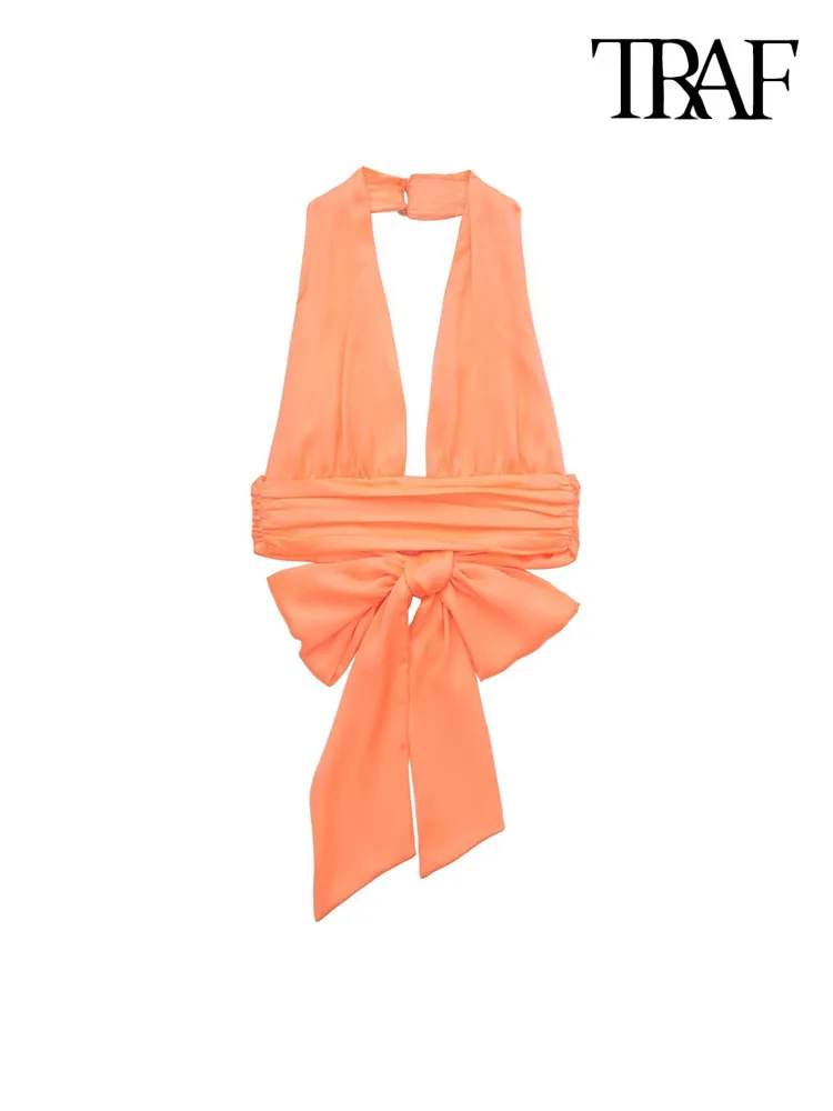 

Кроп-Топ женский атласный с бантом, воротником хомутиком и открытой спиной