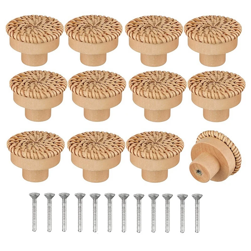 

Boho Rattan Dresser Knobs Round Wooden Drawer Knobs Handmade Wicker Woven And Screws For Boho Furniture Knobs 24Pcs