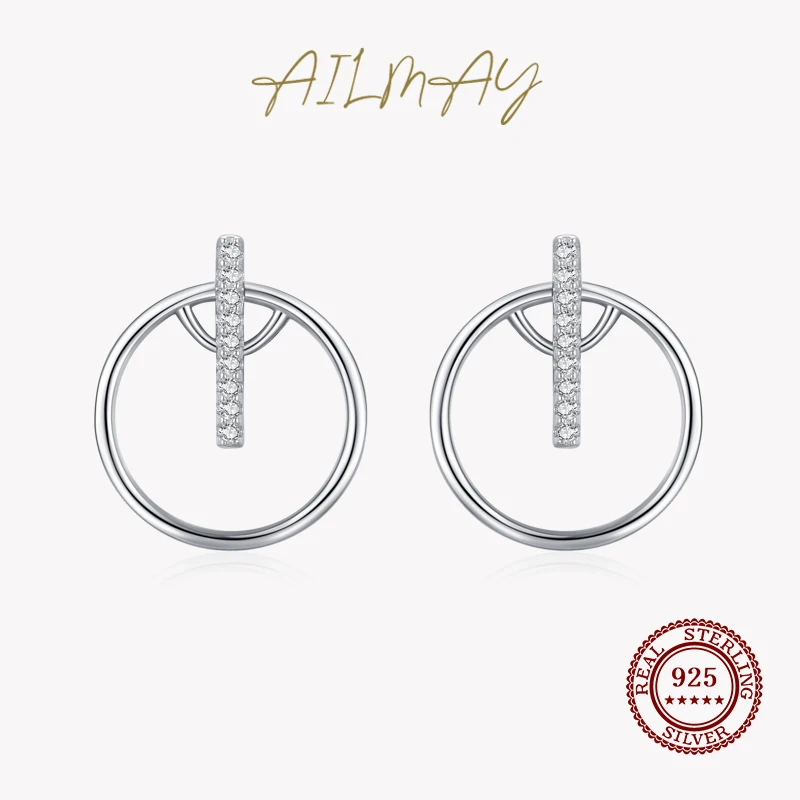 

Ailmay Authentic 925 Sterling Silver Charm Elegant Circle Clear Zircon Stud Earrings For Women Fashion Wedding Statement Jewelry