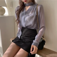 spring 2022 women scarf collar casual shirts chiffon solid ladies tops long sleeve blouse