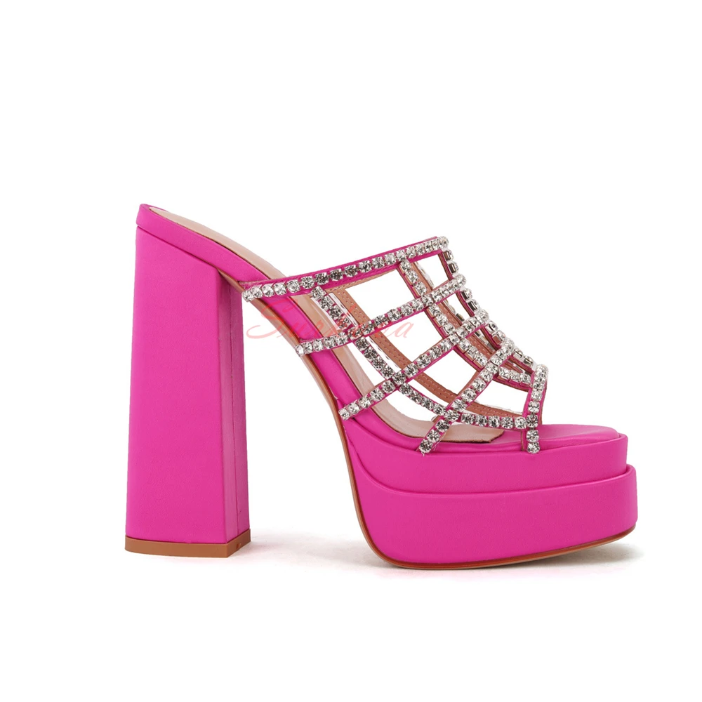 Mesh Crystal Platform Block Heel Sandals Solid Color Open Toe Thick Heel Summer Outdoor High Heel Slippers Fashion Runway Shoes