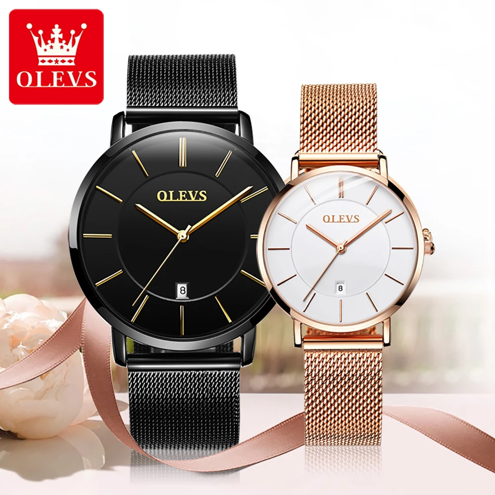 OLEVS 2023 New Hot Sale Fashion Couple Ultra Thin Watches for Men Women Luxury Stainless Steel Mesh Quartz Watch with Date