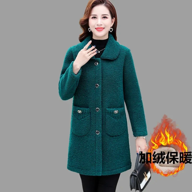 Oversized XL-6XL Mom Thick Warm Lambwool Fur Grain Fleece Coat Women Mid-Length Loose Jacket Fashion Turn-Down Collar Plush Top