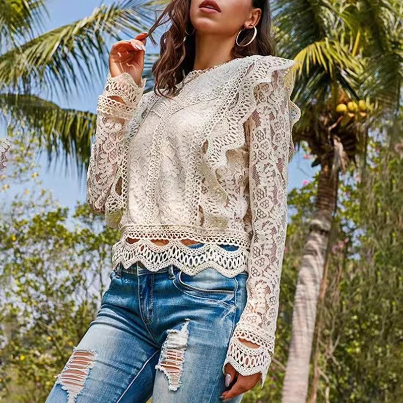 Новые ажурные рубашки с кружевной вышивкой элегантные женские однотонные