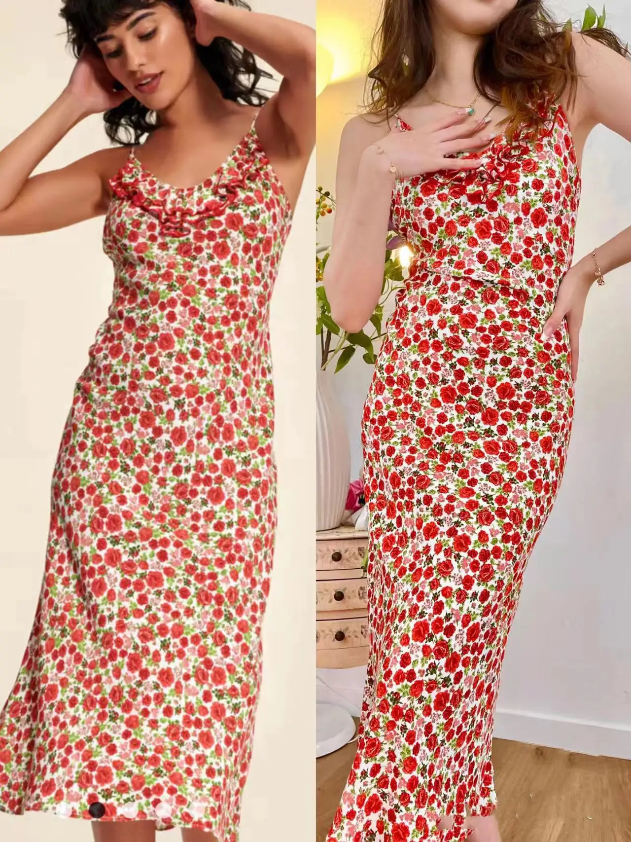 French Sling summer sexy dresses for women 2023 New vestidos Countryside Floral Printed Ruffles Edge Slim Fit Holiday Midi Dress