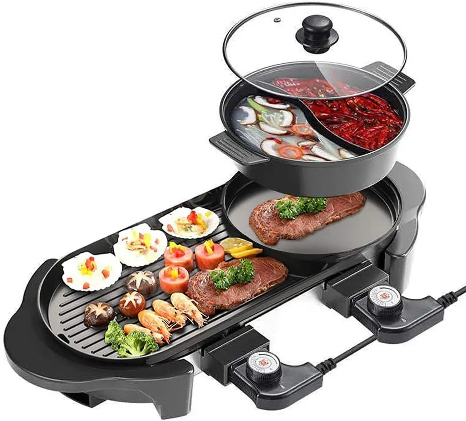 

Shabu-shabu Pot Grill Detachable Barbecue Grill with Large Capacity Baking Tray Non-Stick BBQ Pan Adjustable Temperature Double