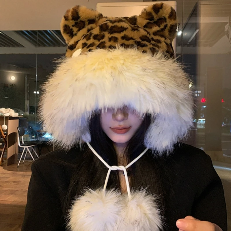 Женская меховая шапка с леопардовым принтом шляпа ушами медведя ветрозащитная