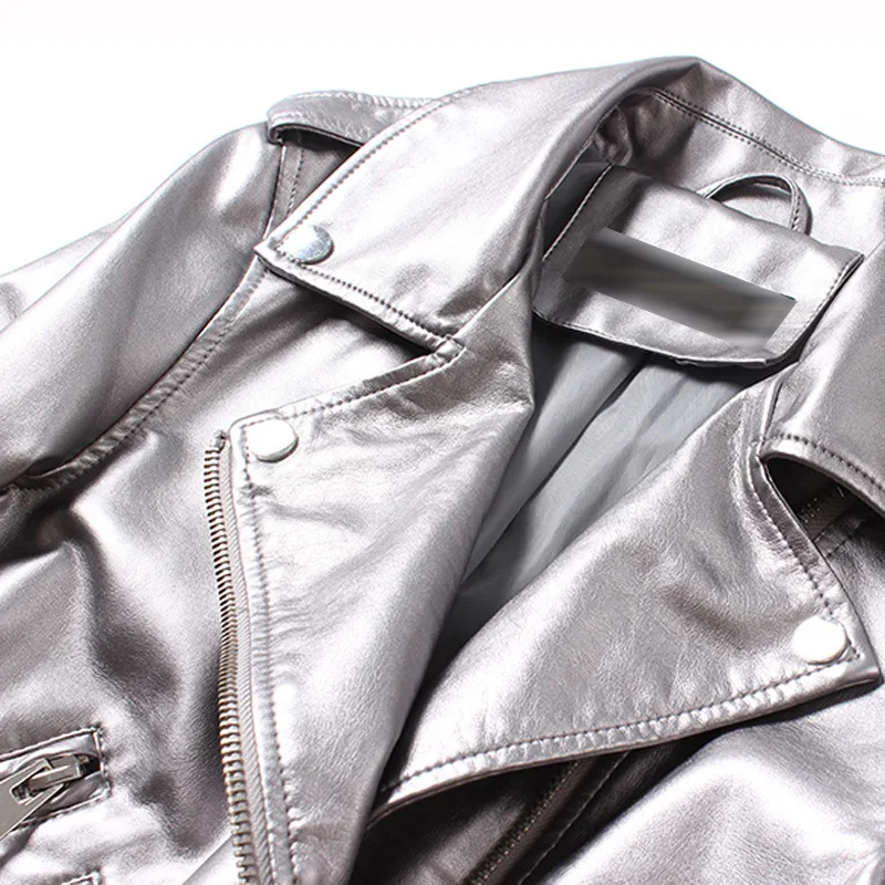 2023 spring and autumn clothes new silver women's washed motorcycle leather belt leather jacket coat