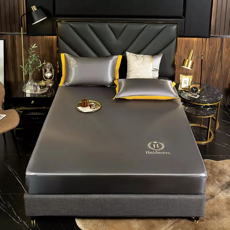 

Luxury Ice Silk Fabrics Elastic Fitted Sheet Summer Solid Bedding Mattress Protector Cover Queen King Size Bed Sheet Set