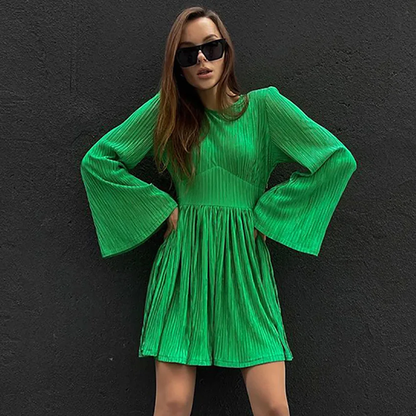 

Women Flared Sleeves A-Line Dress 2022 Fashion Pleated Waist Sexy Dresses Spring Autumn O-Neck Solid Color Elegant Mini Dress