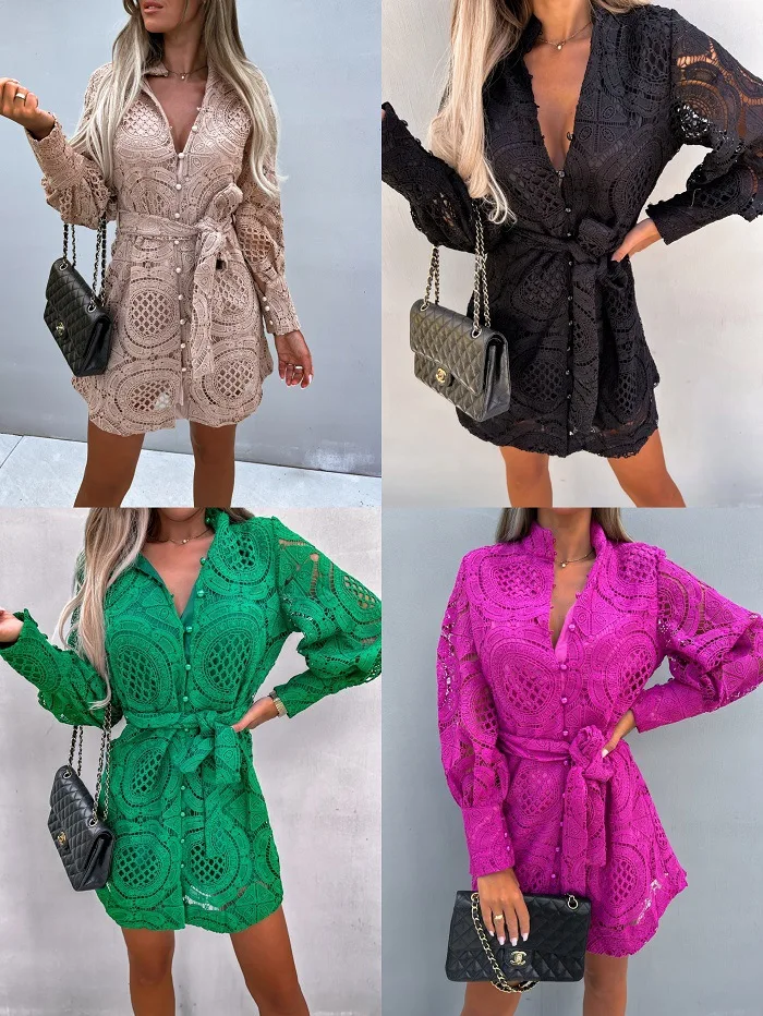 

Fashion Temperament Lace Mini Tie Dress for Women Europe and America Basic Princess Workplace Vintage Elegant Dress