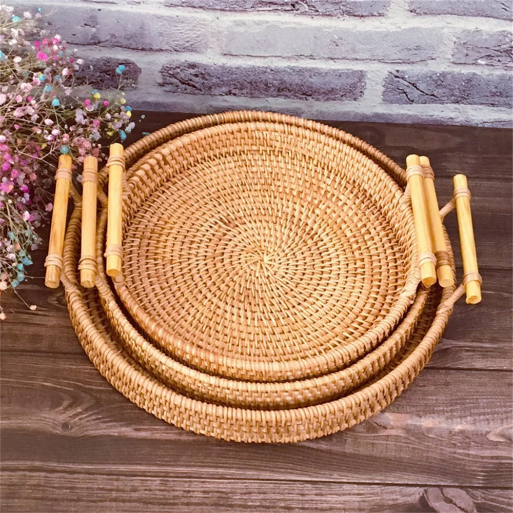 

Rattan Round Bread Serving Basket Handcrafted Breakfast Serving Tray Platter with Handle Rustic Wicker Tray for Drink Snack Food