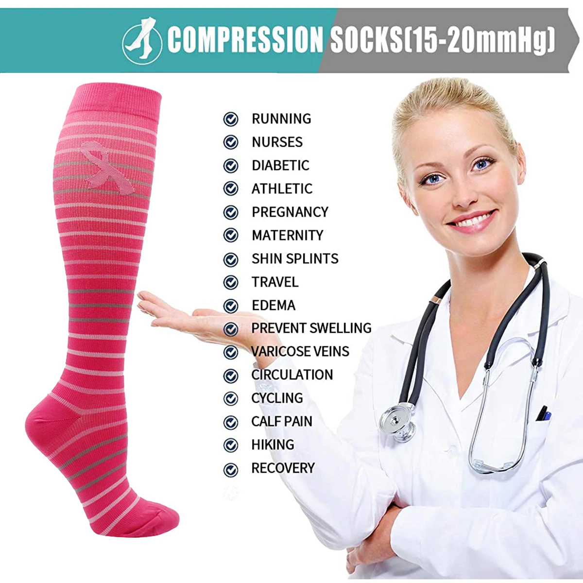 Wholesale Women and Men Compression Socks Running Cycling Sports Socks Knee High Red Ribbon Socks 15-20mmHg Diabetic Veins Socks