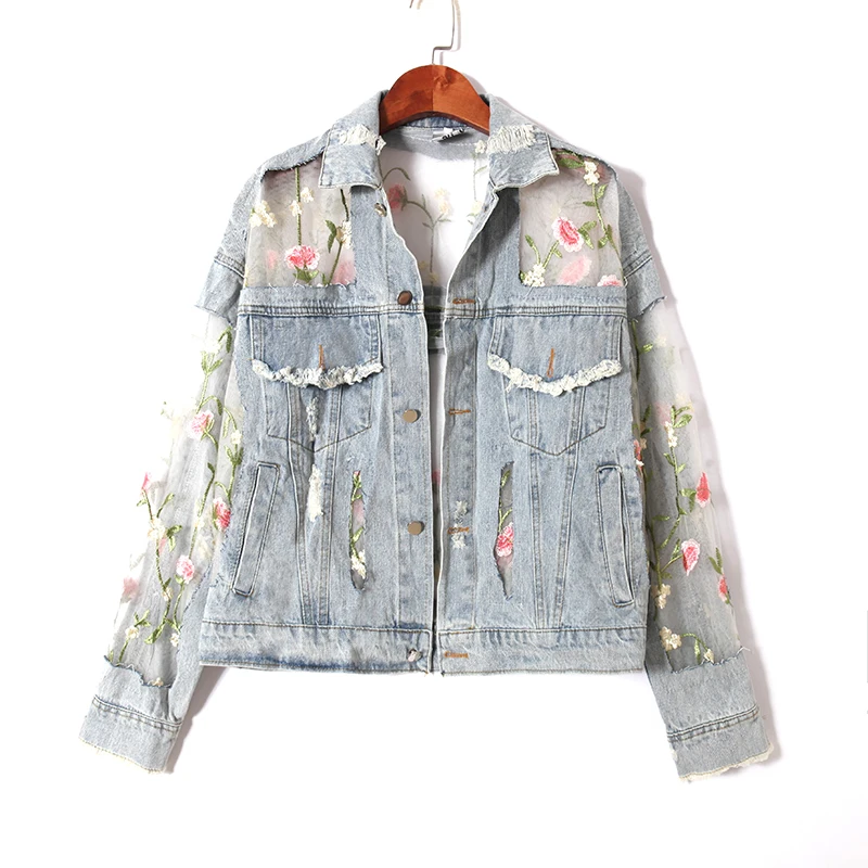 

Женская джинсовая кружевная Лоскутная куртка, блестящая синяя куртка с вышивкой для весны и лета