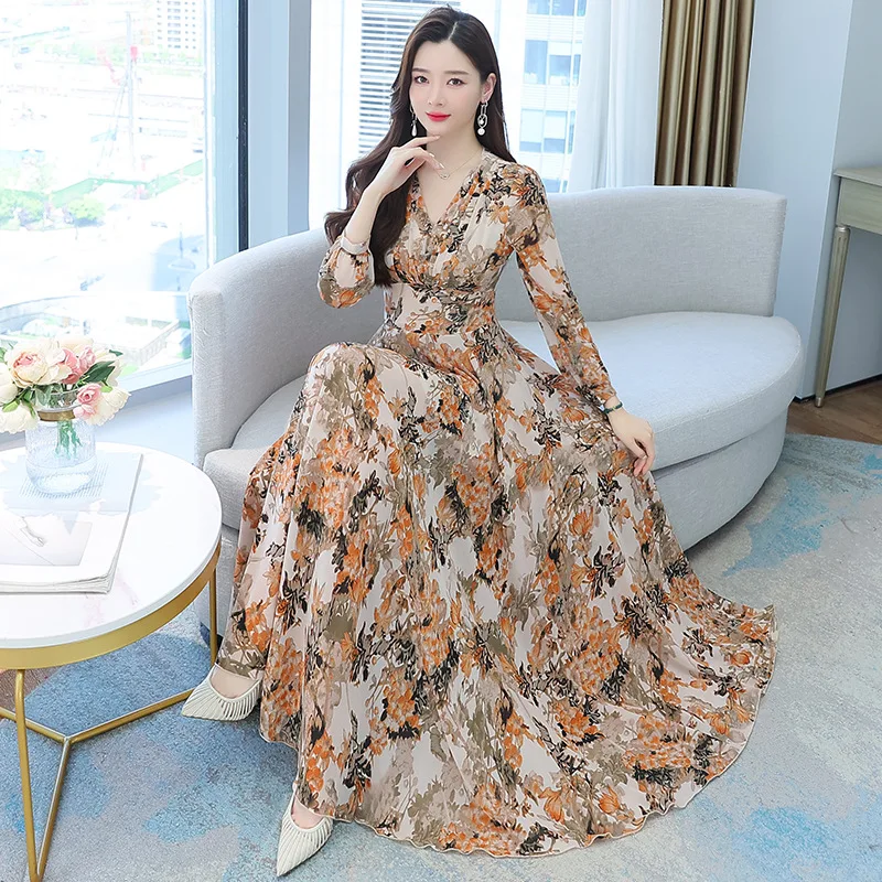 2023 Floral Long Sleeve V-Neck Maxi Dress Spring Autumn Elegant Party Evening Dress muslim maxi dresses for women