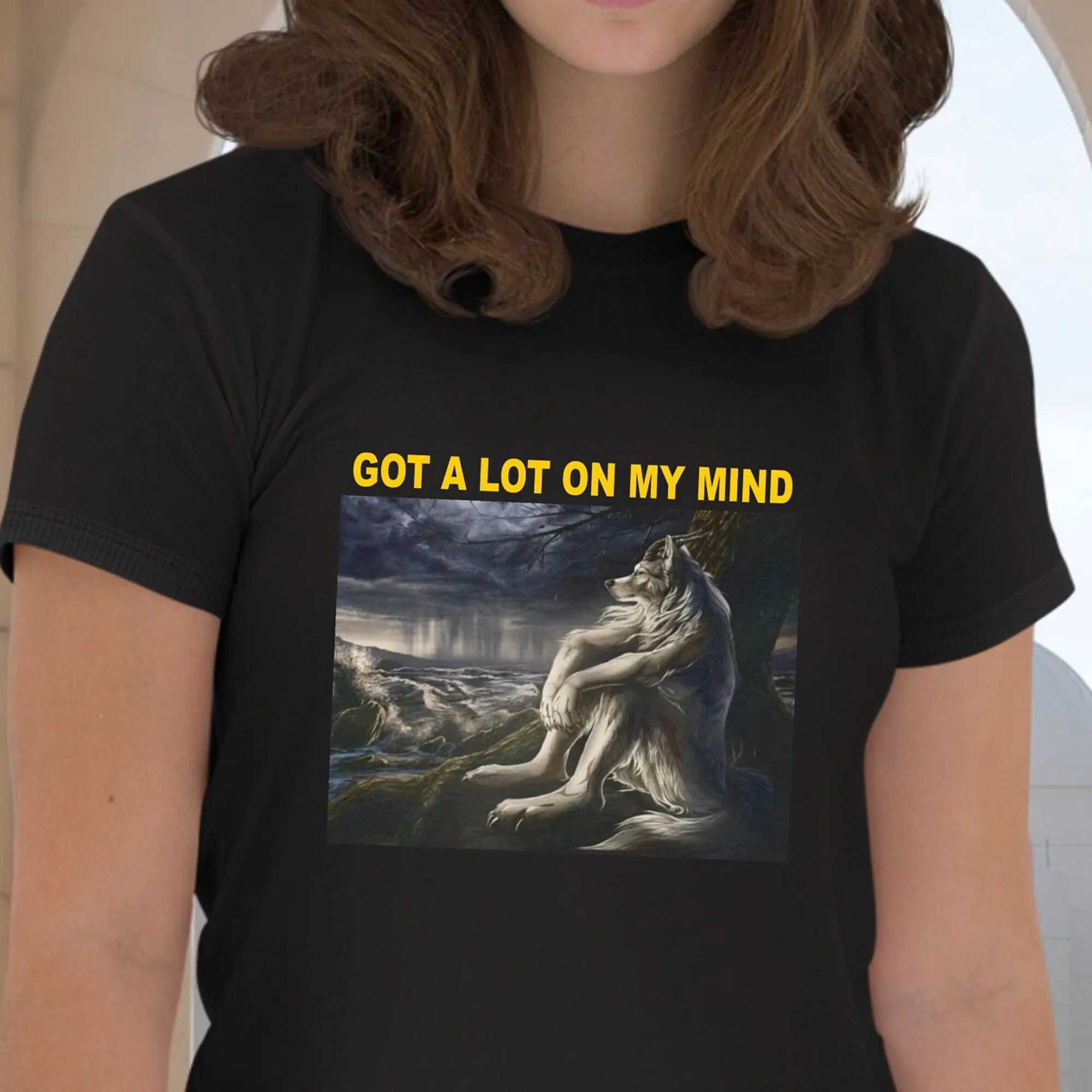 Получила много на мне футболок с мемом грустный сидящий волк Забавный подарок