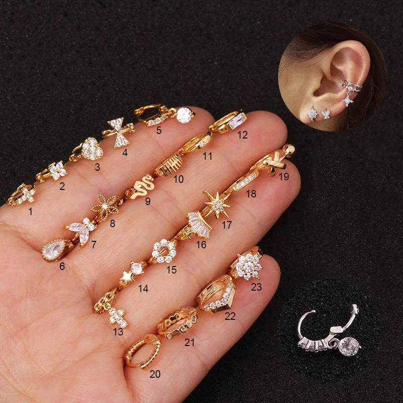 

1pc 18G Brass Hinged Huggie Hoop Earrings Stud for Women Heart Star Flower Cross Shaped Cubic Zirconia CZ Cuff Earrings Jewelry