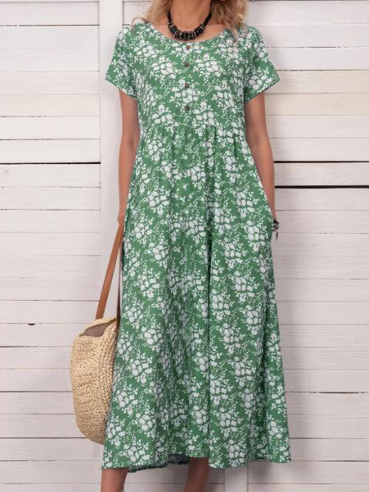

Vintage Floral Print Ladies Dress Casual Short Sleeve O-Neck Button A-Line Dress Women 2022 Summer Fashion Office Loose Dresses