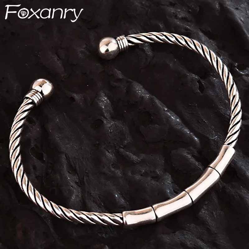 

DAYIN Minimalist Thai Silver Color Bracelet for Women Couples New Fashion Vintage Bamboo Geometric Handmade Party Jewelry Gift
