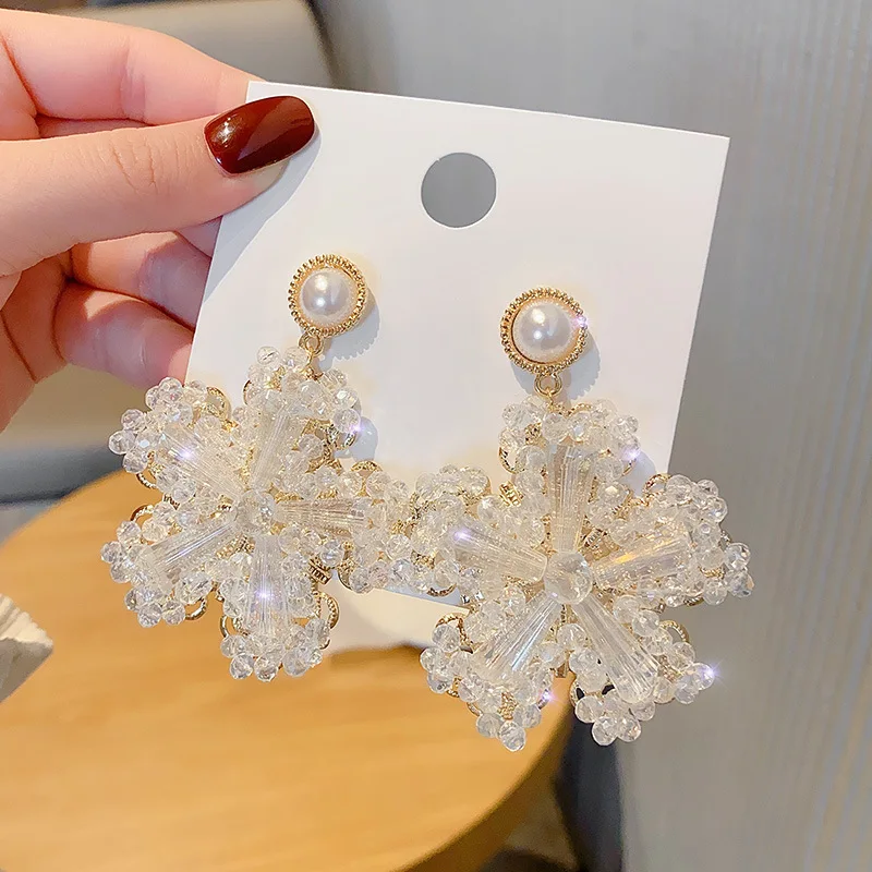 

S925 Silvers Crystal Flower Pendant Earrings Exaggerated Jewellery for Woman Earrings Exquisite 2021 Unusual New Fashion