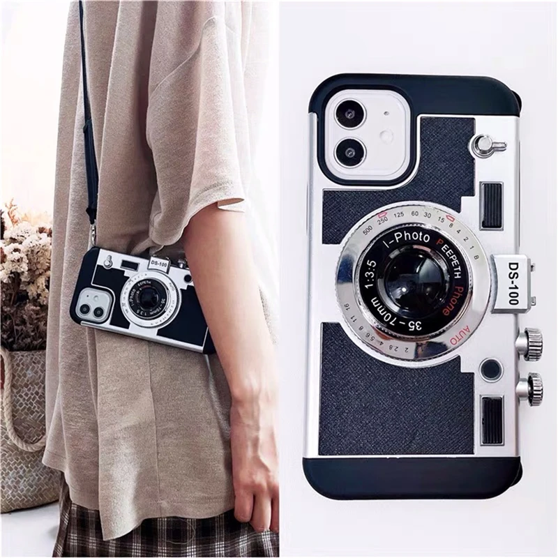 

RYWER Camera Phone 3D Retro Case For iPhone 11 12 13 Pro MINI XS Max X XR 6 8 7 Plus SE Luxury Lanyard Shockproof Back Cover
