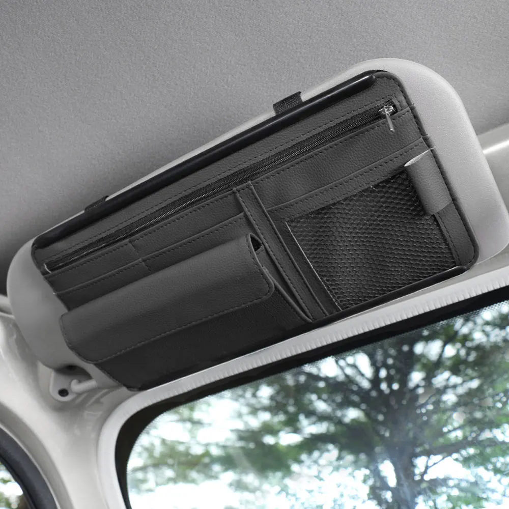 

1pc Car Interior Accessories Car Sunshade Organizer Storage Bag Car Sun Visor Clip Leather Stow Box Card Ticket Sunglasses Clip