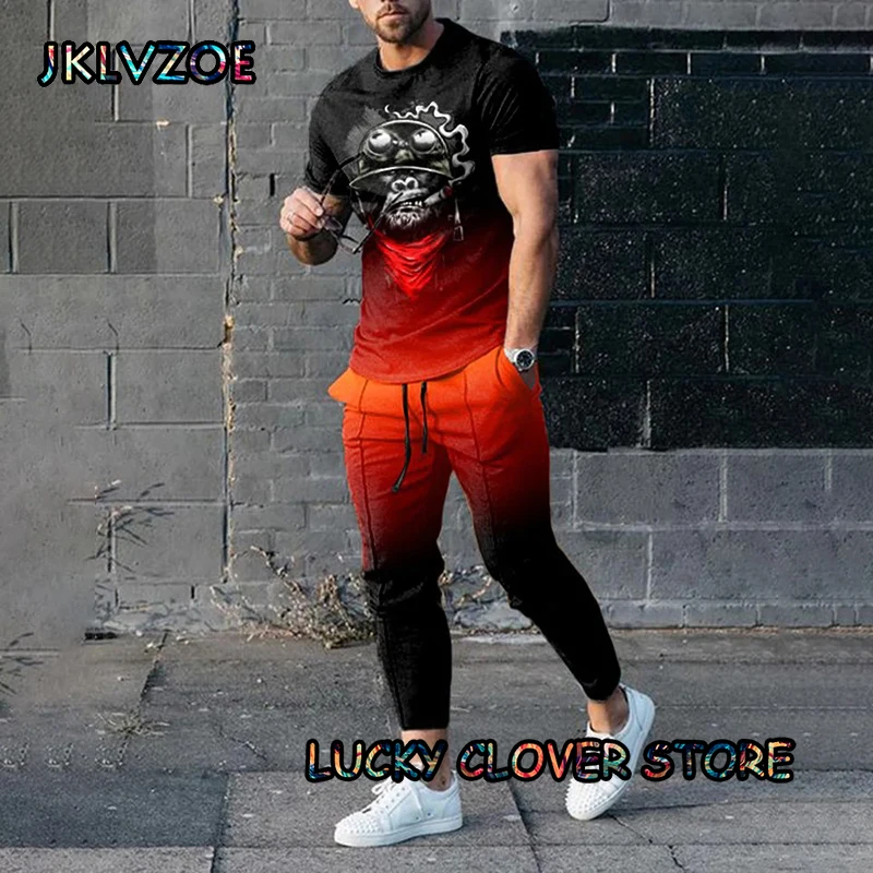 Summer Flowers Print Men Crew Neck Trousers 2 Pieces Sets Tracksuit T-shirts +Long Pants Trend Sportwear Jogging Suit Clothing