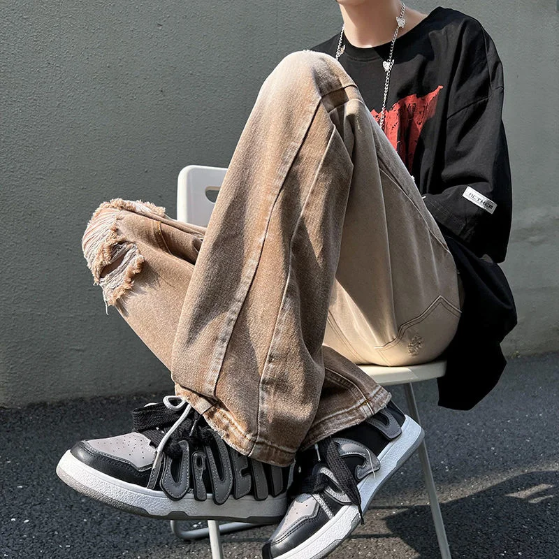 Summer Ripped Baggy Jeans Men's Fashion Casual Straight Jeans Japanese Streetwear Loose Hip Hop Hole Denim Pants Mens Trousers