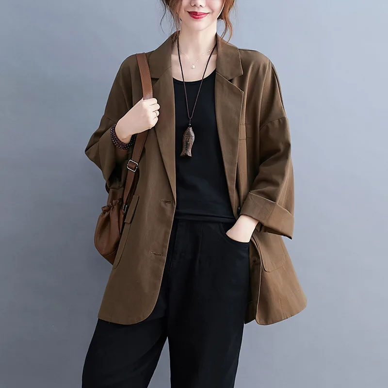 

Johnature 2022 Spring Autumn Casual Solid Color All Match Jackets For Women Simple Fashion Turn-down Collar Button Female Coats