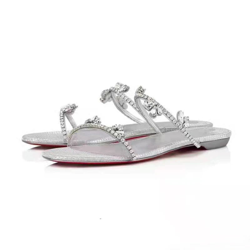 Silver Rhinestone Flat-bottomed Drag Women's Summer Low-heeled Sandals 2023 New Open-toe One-word Sandals
