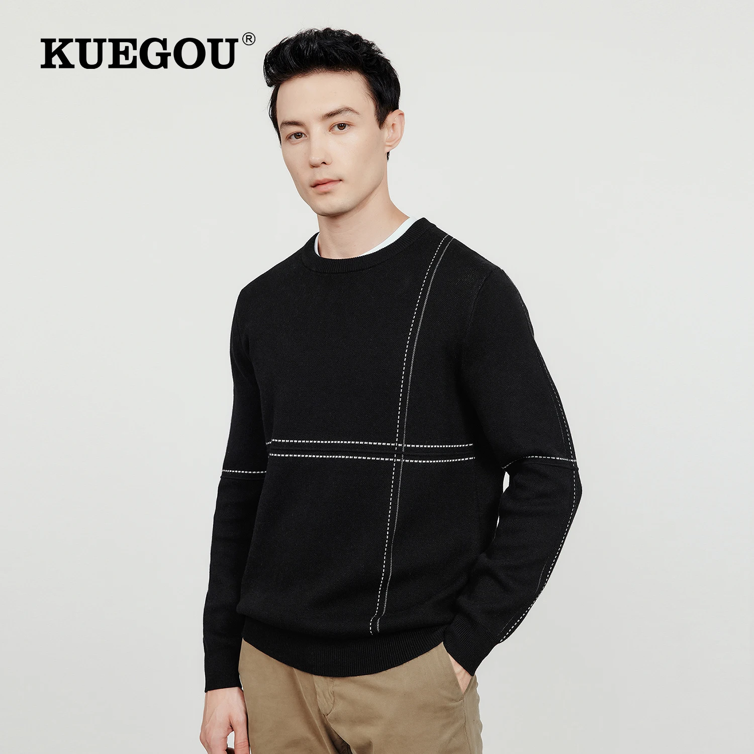 

KUEGOU 2022 Autumn New Men Jumper Sweater O-neck Brand Clothing High Quality Warm Slim Pullover Knitted Cotton Blend Top DR06