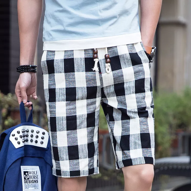 

2020 Summer New Men's Bermuda Casual Shorts Loose Straight Cotton Beach Plaid Short Pants Male Brand