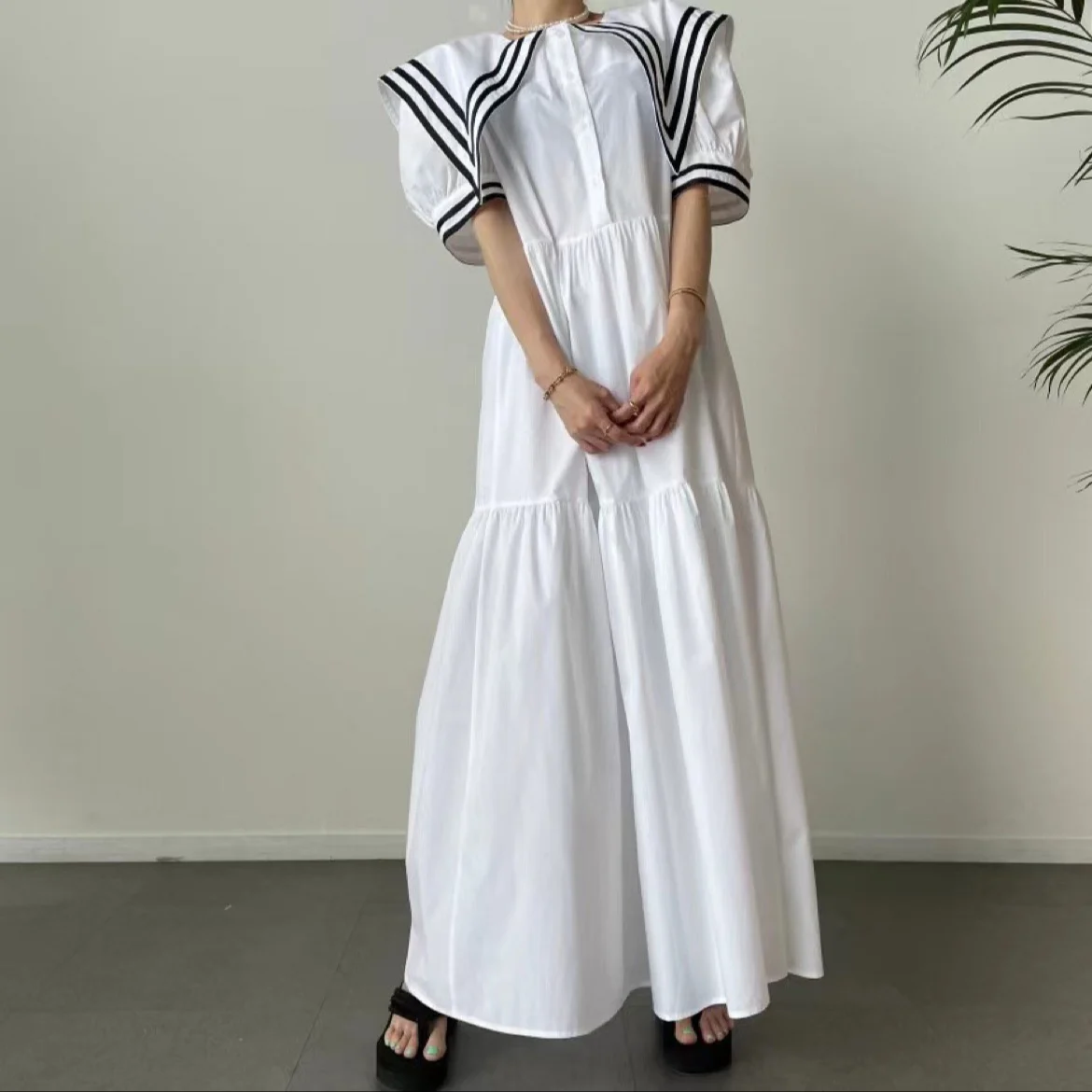 

2022 летнее Новое академическое темно-синее элегантное платье средней длины с воротником