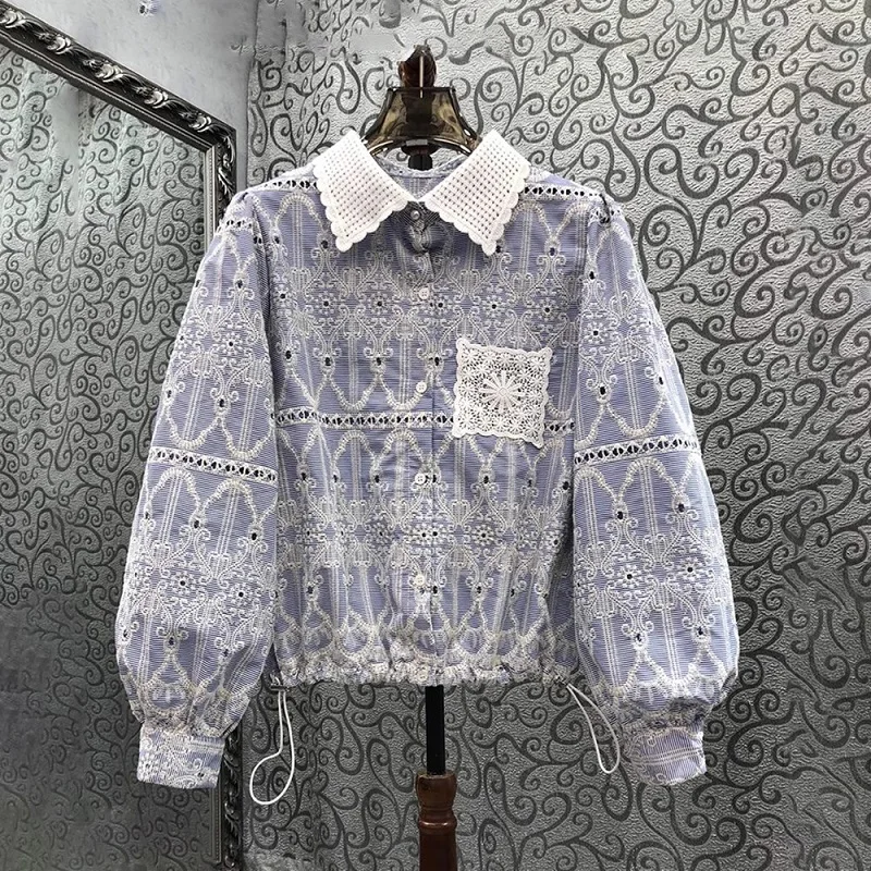 

Топы, модная дизайнерская блузка, рубашка сезона осень-зима 2023, стильный женский топ с отложным воротником из сплава, изысканной вышивкой и длинным рукавом