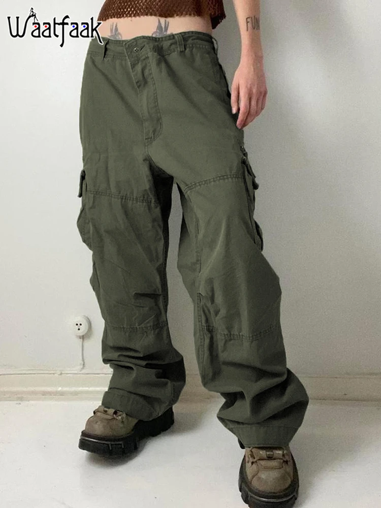 

Waatfaak Green Grunge Streetwear Oversize Parachute Pants Women Low Waisted Pockets Hip Hop Y2K Pants Baggy Harajuku Fairycore