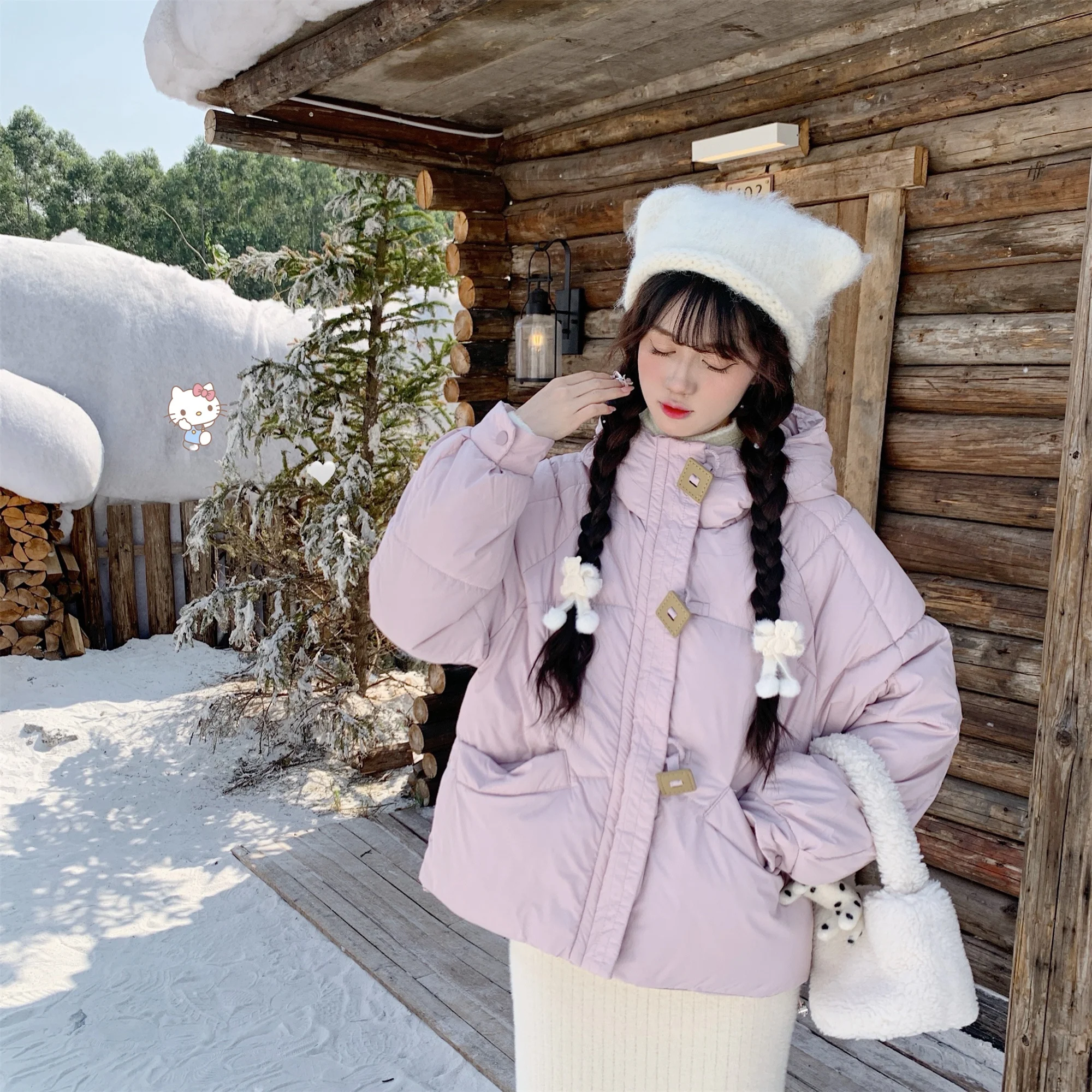 [Dear Yn] Sweet Age-Reducing Cream Color Series Многоцветный кожаный капюшон с кольцом Куртка на