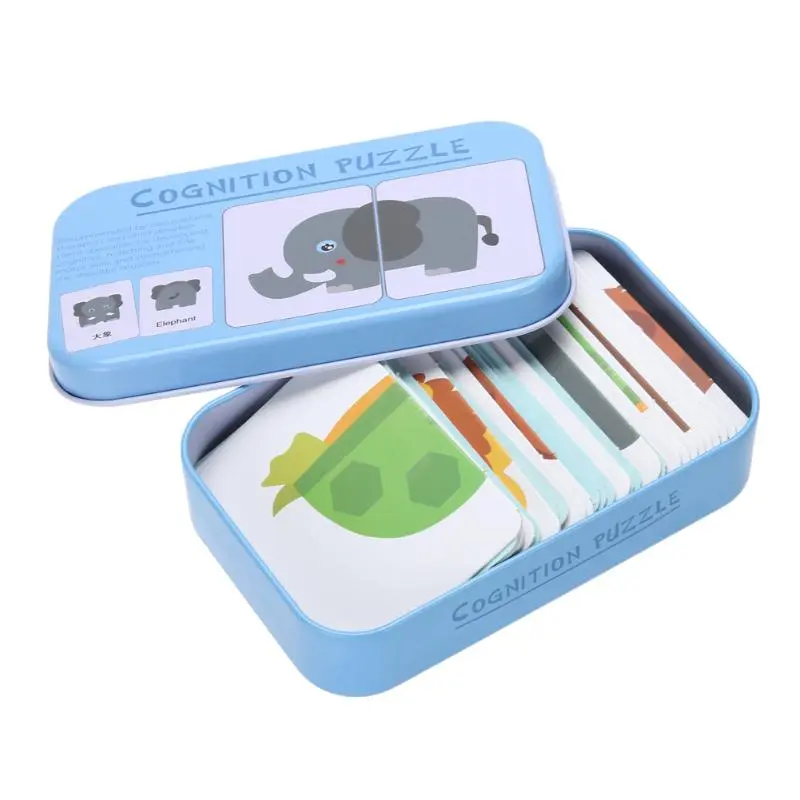 Baby Cognition Puzzle Toys Toddler Kids Iron Box Cards Matching Game Cognitive Card Car Fruit Animal Life Puzzle