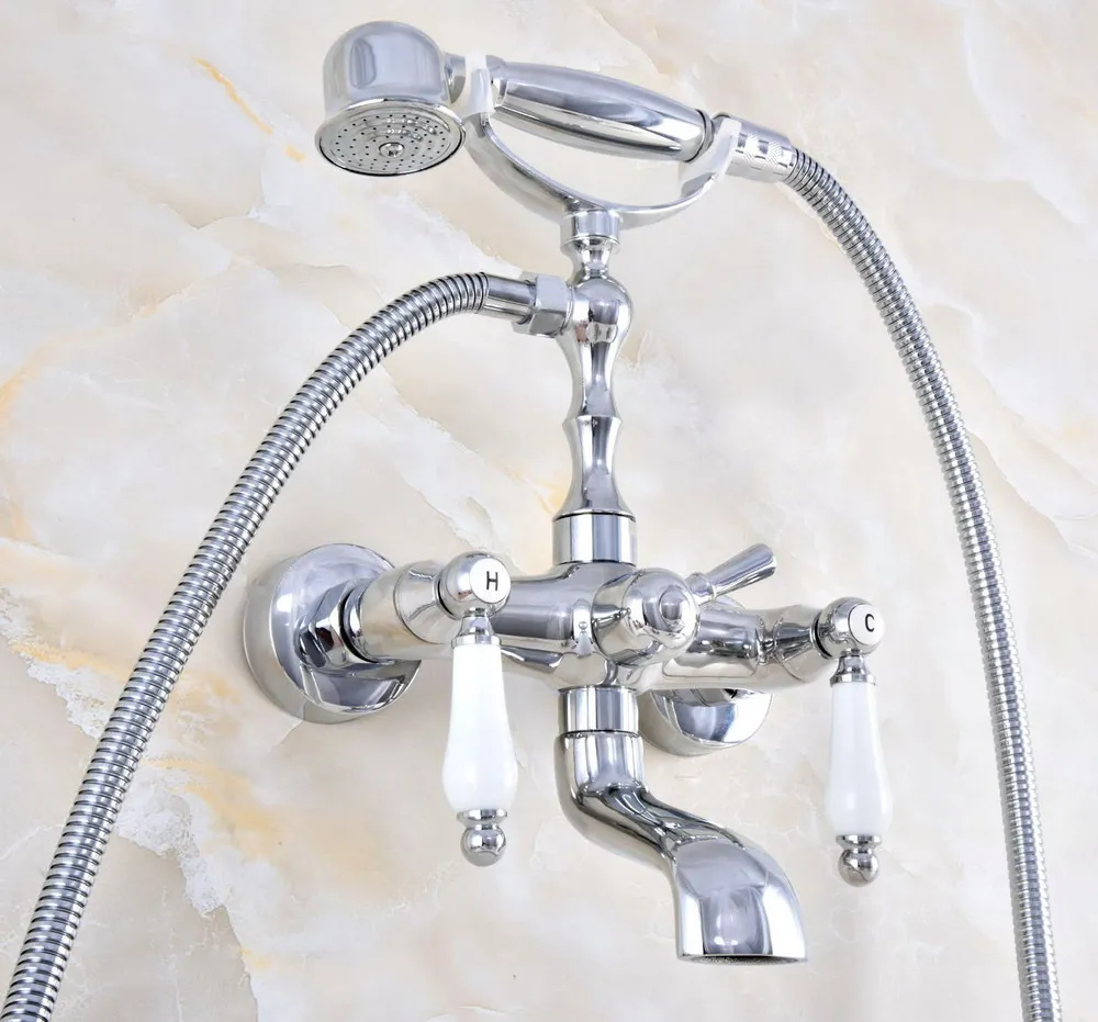 

Polished Chrome Brass Double Ceramic Handles Wall Mounted Bathroom Clawfoot Bathtub Tub Faucet Mixer Tap w/Hand Shower atf864