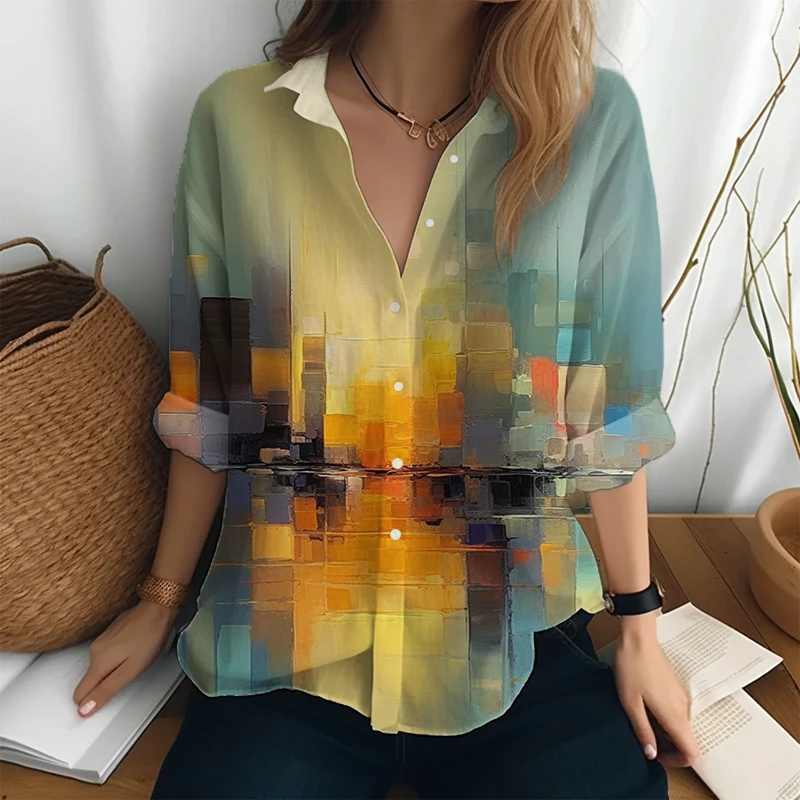 

Autumn Fashion Casual Shirt Outdoor Street Loose Shirt Large Size Single Breasted Shirt City Reflection 3D Printed Shirt