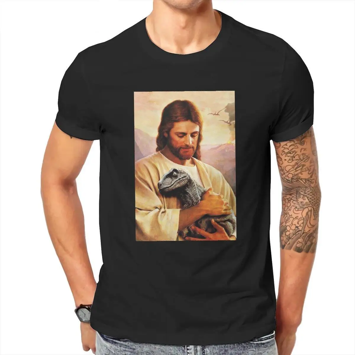 Jesus Raptor  T-Shirts for Men Christ Christian Religion Leisure Cotton Tees Crewneck Short Sleeve T Shirt Plus Size Clothing