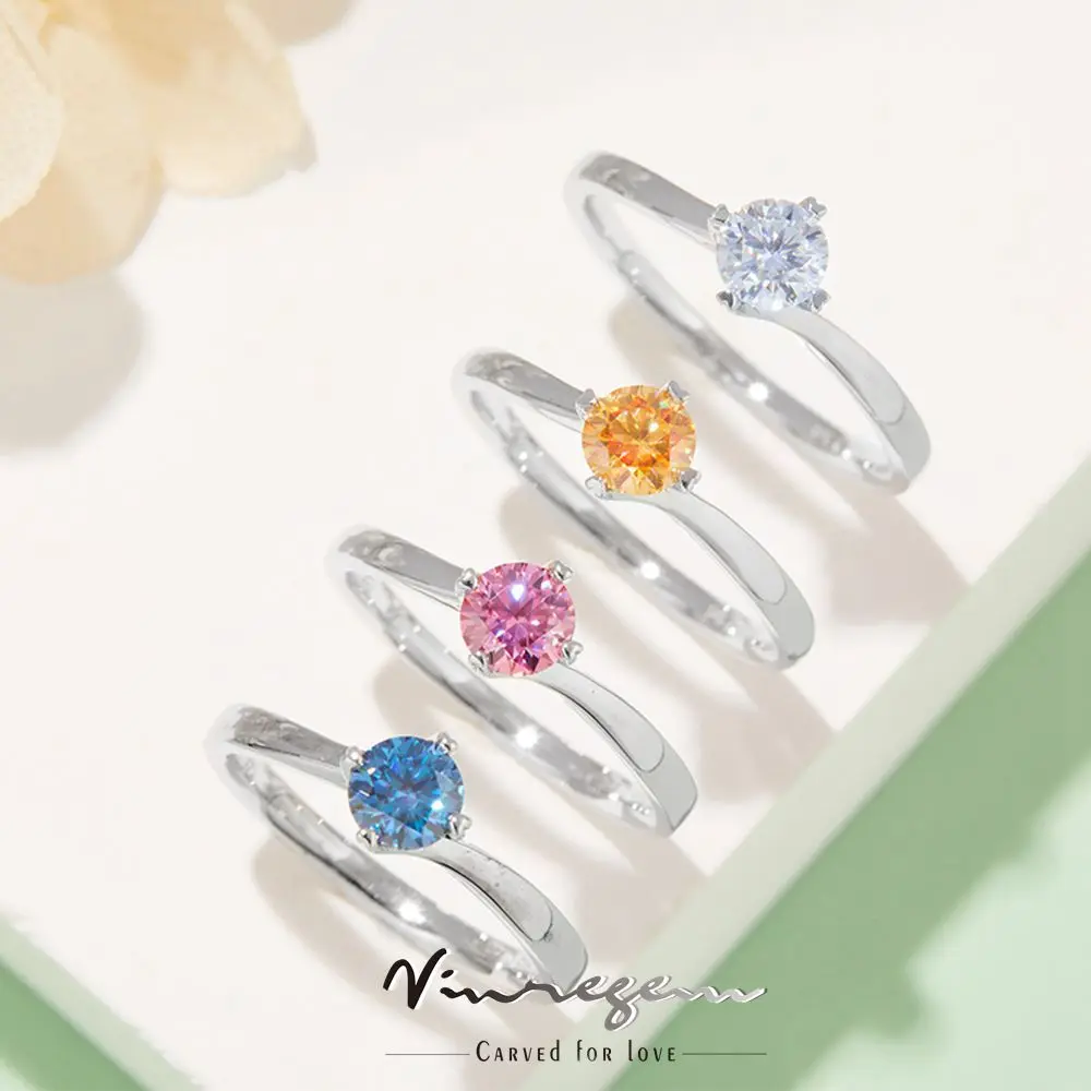 

Vinregem 925 Sterling Silver White Gold 5MM Colorful Moissanite Pass Test Diamond Wedding Engagement Ring for Women Dropshipping