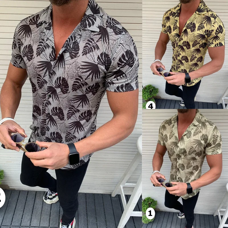 

Men's Shirt Summer Fashion Slim Print Cardigan Turn-down Collar Shirt Men's Casual Single Breasted Short Sleeve Shirt Top