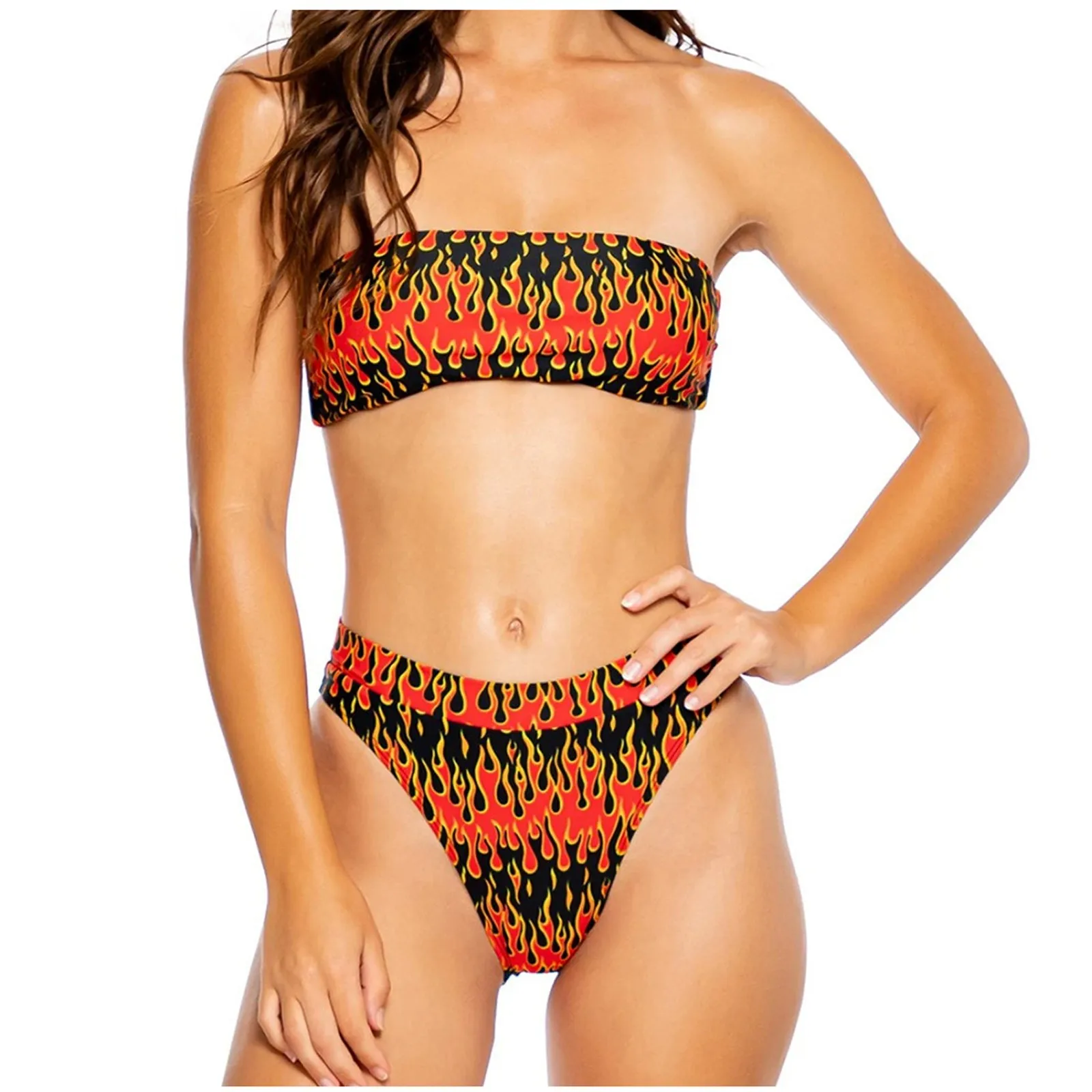 

Flames Waist High Swimsuit Sexy Fashion Print Split Women's Bikini Swimwears Tankinis Set Swimwears crochet bikini