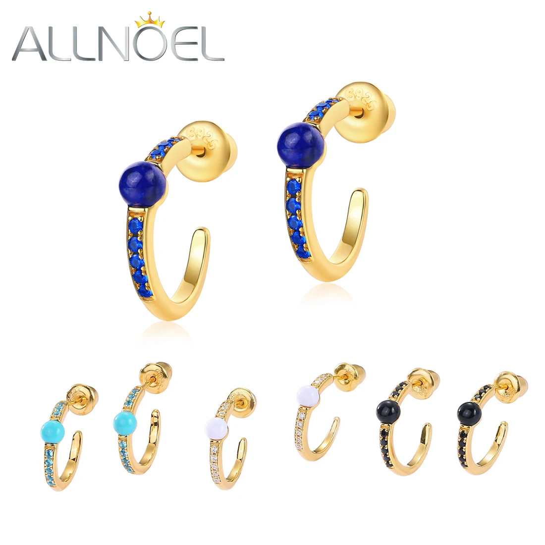

ALLNOEL Open Hoop Stud Earrings for Women 925 Silver Sterling Inlaid C Round Lapis Lazuli Onyx Turquoise Gold Fine Jewelry Gifts